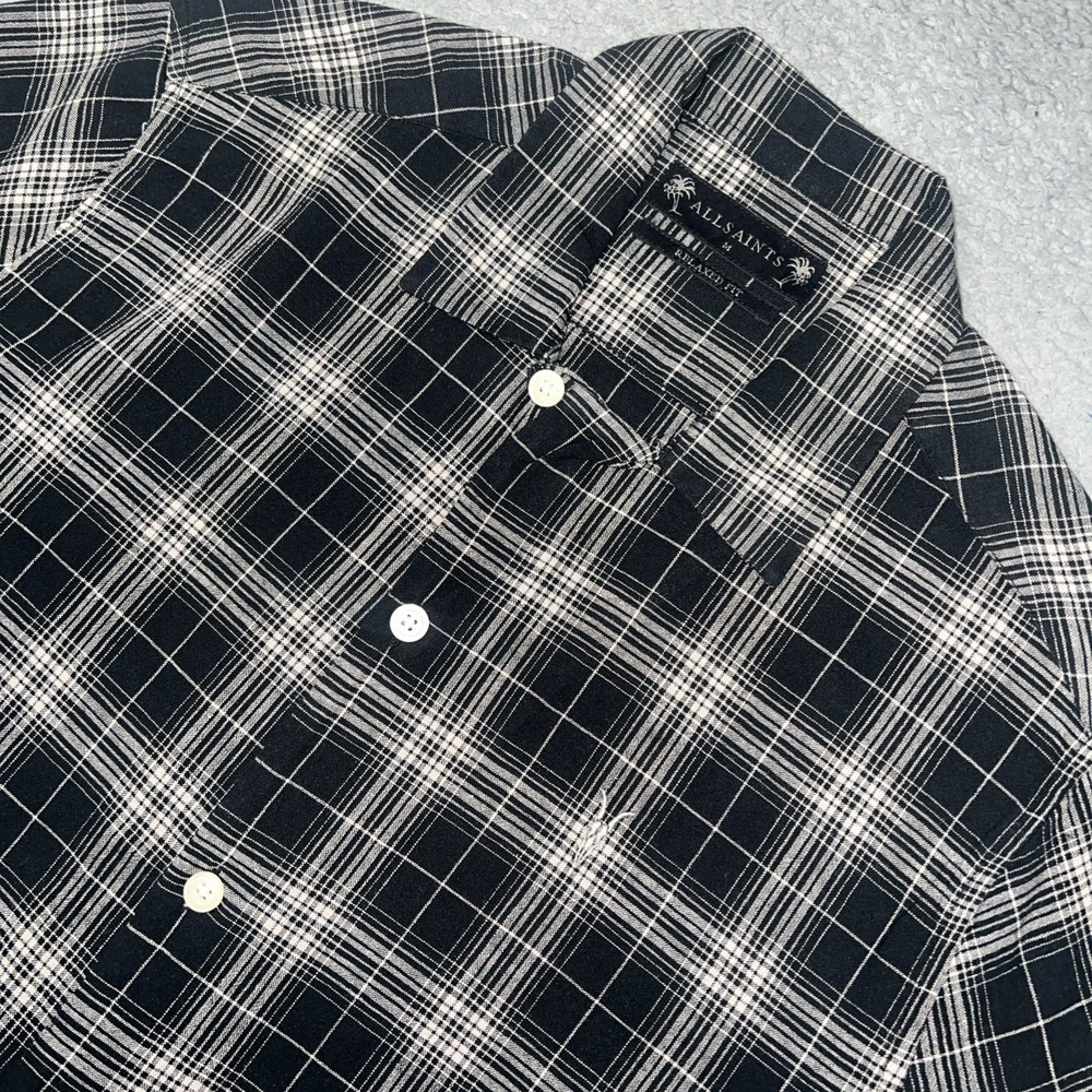All Saints Linen Blend Shirt Men's Sz M Black Check Plaid Relaxed Fit Button Up
